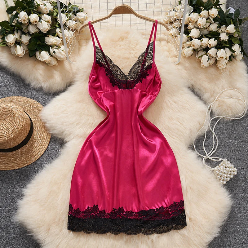 Hot Sexy V-Neck Cross Strap Dress Lace Patchwork Irregular Pleated Nightwear Women's Erotic Lingerie Backless Sleeveless Pajamas