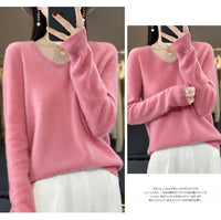 100% pure wool cashmere sweater women's V-neck pullover casual knit top autumn and winter women's coat Korean fashion