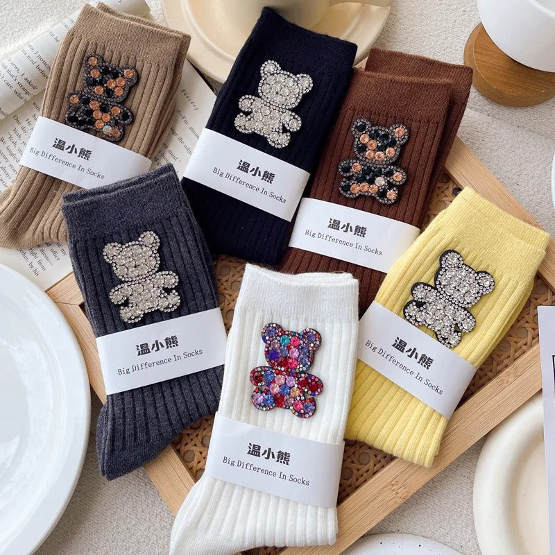 Diamond Cartoon Bear Decorative Socks, Fashionable Diamond Sparkling Women's Socks, Comfortable And Breathable Christmas Socks