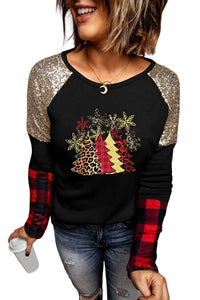 Black Christmas Tree Graphic Sequin Plaid Long Sleeve Top