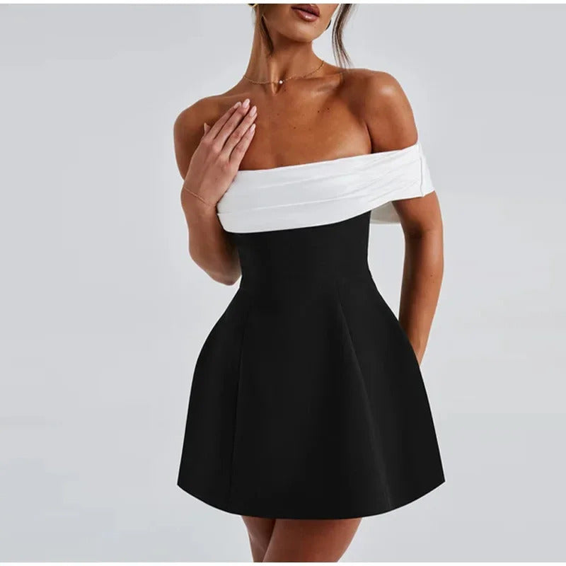 Elegant Back Big Bow Decoration Mini Dress Fashion Off Shoulder High Waist Sleeveless Backless Dresses Autumnm New Party Gowns