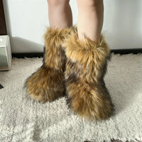 New Winter Fur Onepiece Raccoon Fur Female Snow Boots Fur Shoes Outdoor Mid Leg Boots