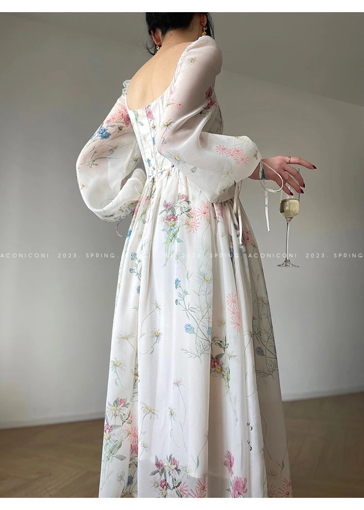 French Vinatge Evening Party Long Dresses for Women Floral A-line Princess Dress Lantern Sleeve Spring Summer Prom Robe Vestidos