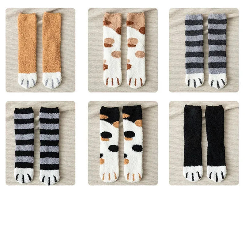 6 pairs Woman socks Set Cartoon Cute 3D Dog Cat Paw Pattern Winter Female Fleece Warm Home Floor Sleeping Thick Socks Wholesale