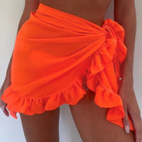 Women Chiffon See-Through Beach Bikini Cover Up Wrap Scarf Swimwear Pareo Sarong Dress Solid Ruffle Casual Beach Dress Decorate