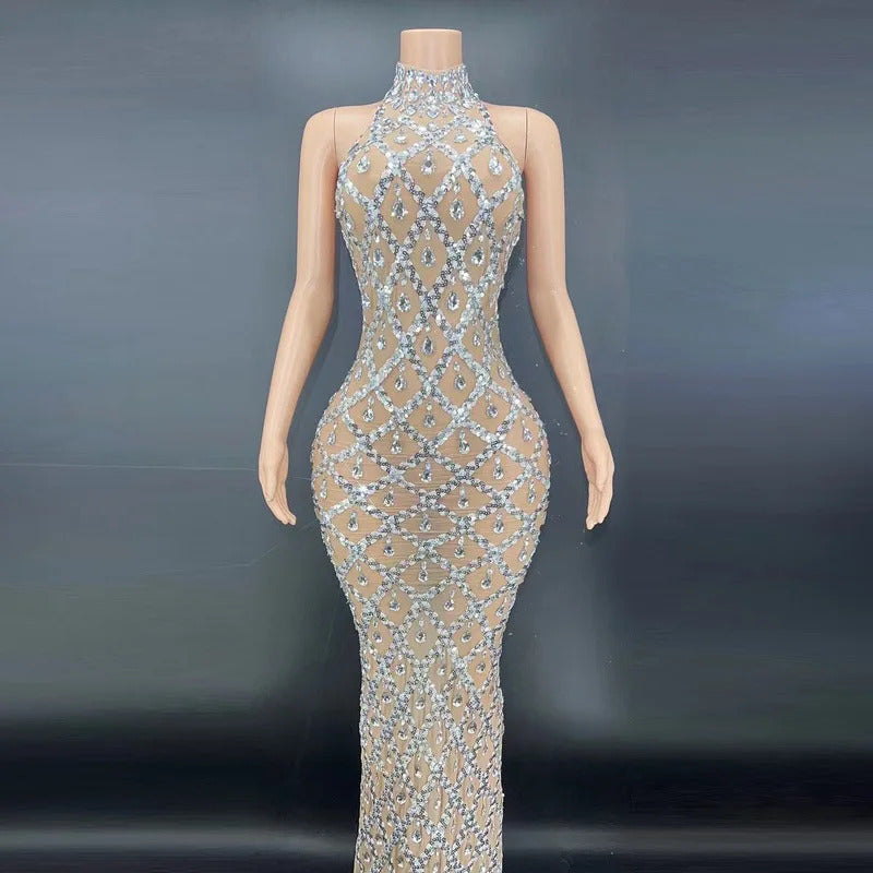 2024Sparkly Silver Big Rhinestone Transparent Long Dress Evening Birthday Celebrate Luxurious Costume Dancer Flashing prom Dress