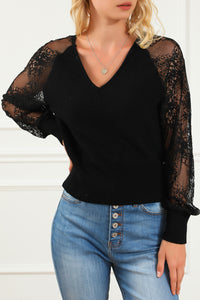 Black V-Neck Lace Sleeve Pullover Sweater