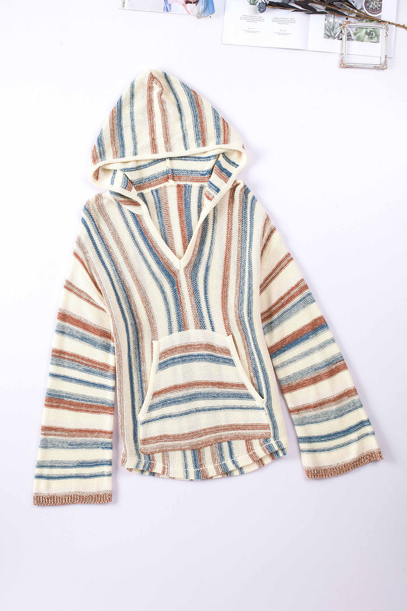 Black Striped Knit Kangaroo Pocket Hooded Sweater