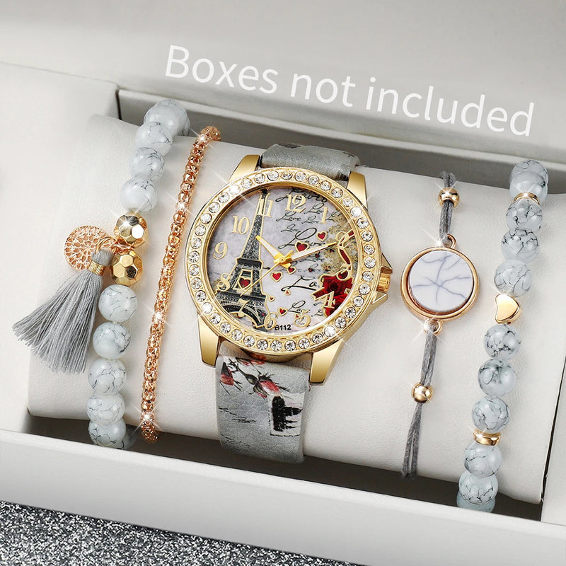 5PCS/Set Fashion Rhinestone Women's Watch Flowers Printed Leather Band Female Quartz Watches Bracelets Set（Without Box）