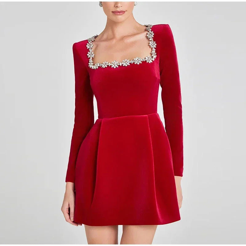 Slim Rhinestone Square Collar Dress Women Elegant Velvet Long Sleeve High Waist A-line Mini Dresses 2025 New Lady Party Vestidos