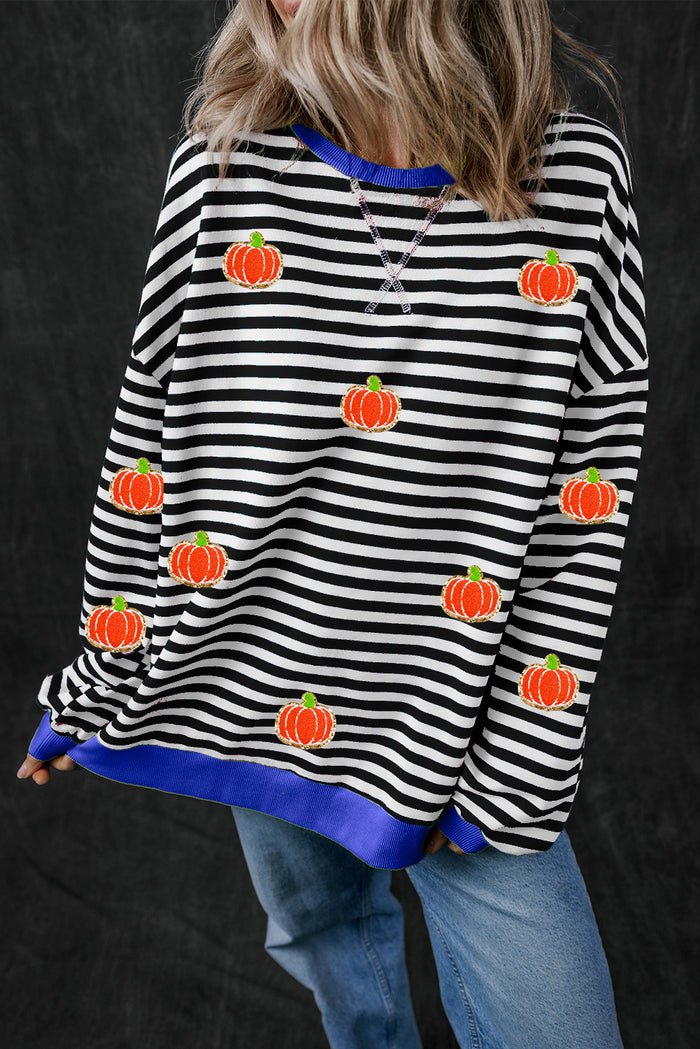 Black Stripe Glitter Halloween Pumpkin Print Oversized Sweatshirt