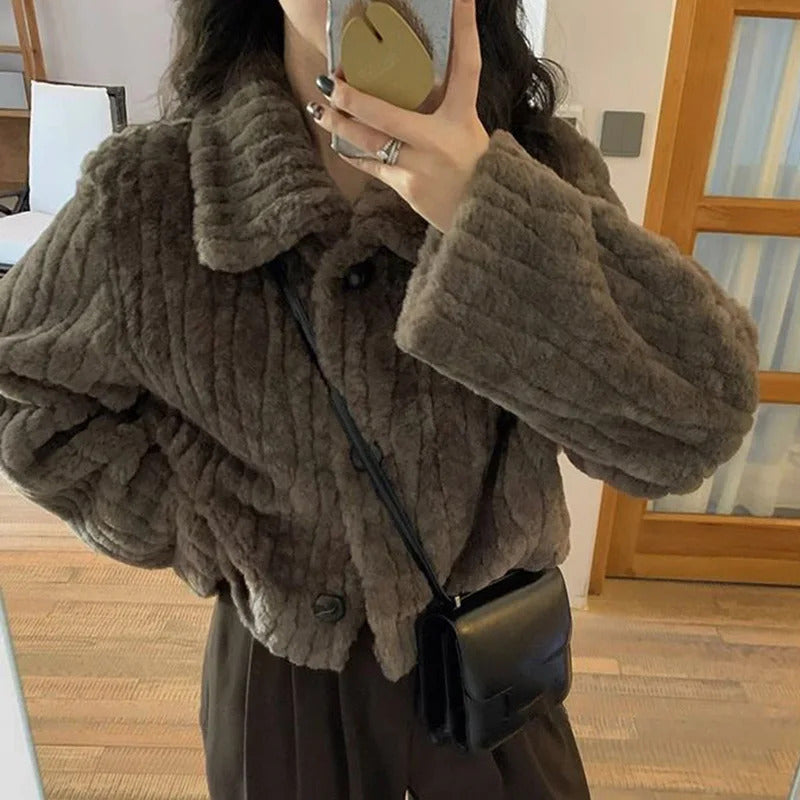 Rimocy Winter Warm Lambswool Coats Women Fashion Korean Padded Cotton Outerwear Woman Stand Collar Cropped Jacket Female 2024