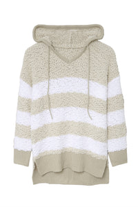 Apricot Color Block Side Slit Knitted Hooded Sweater