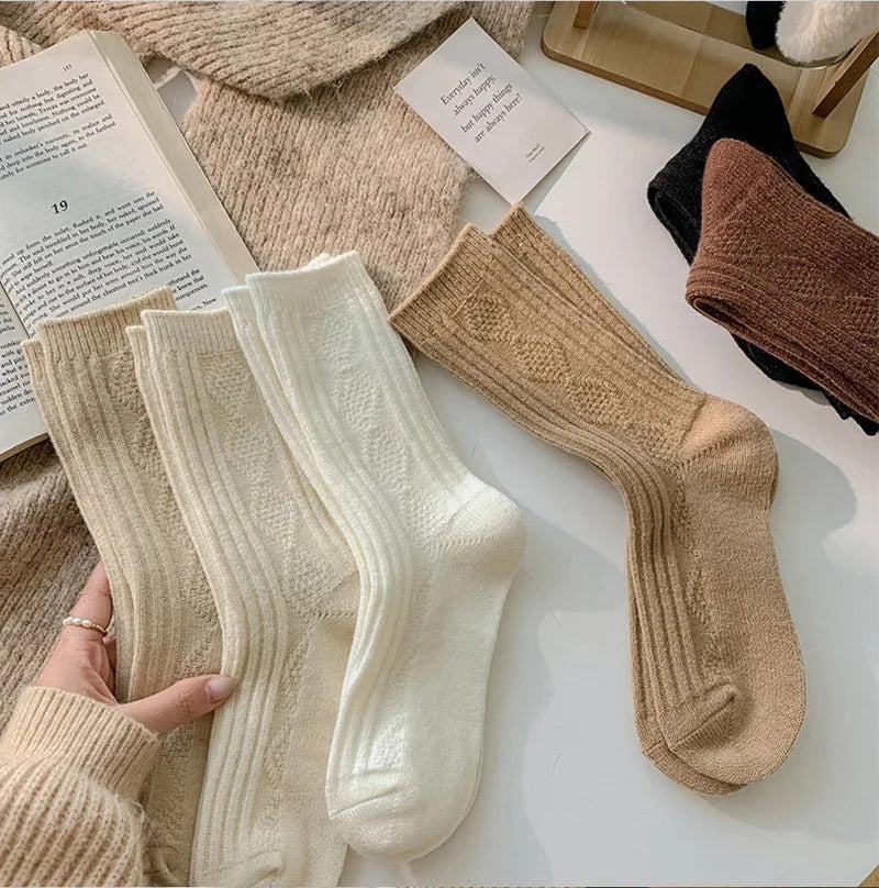 3 Pairs/Lot New Cashmere Wool Socks Women's Winter Thicken Warm Black White Pack Set Thermal Japanese Fashion Solid Color