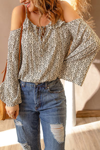 Animal Print Frilled Cold Shoulder Bell Sleeve Blouse