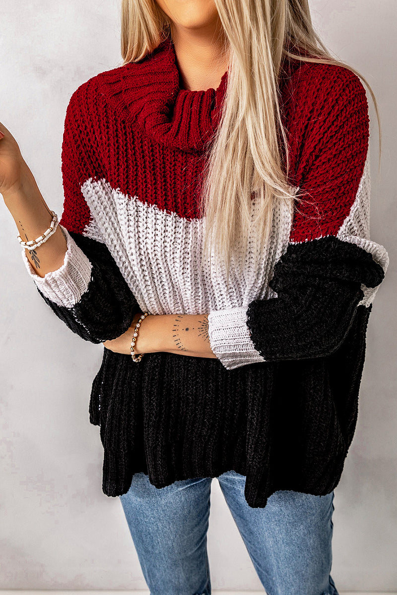 Black Cowl Neck Colorblock Cable Knit Sweater