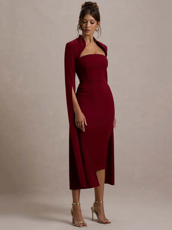 Mozision Cape Long Sleeve Sexy Midi Dress For Women Autumn Winter New Square Collar Back Slit Bodycon Club Party Long Dress