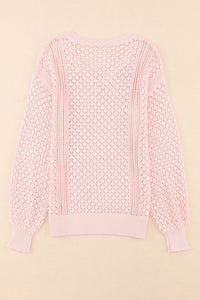 Pink Loose Pointelle Knit Ribbed V Neck Sweater