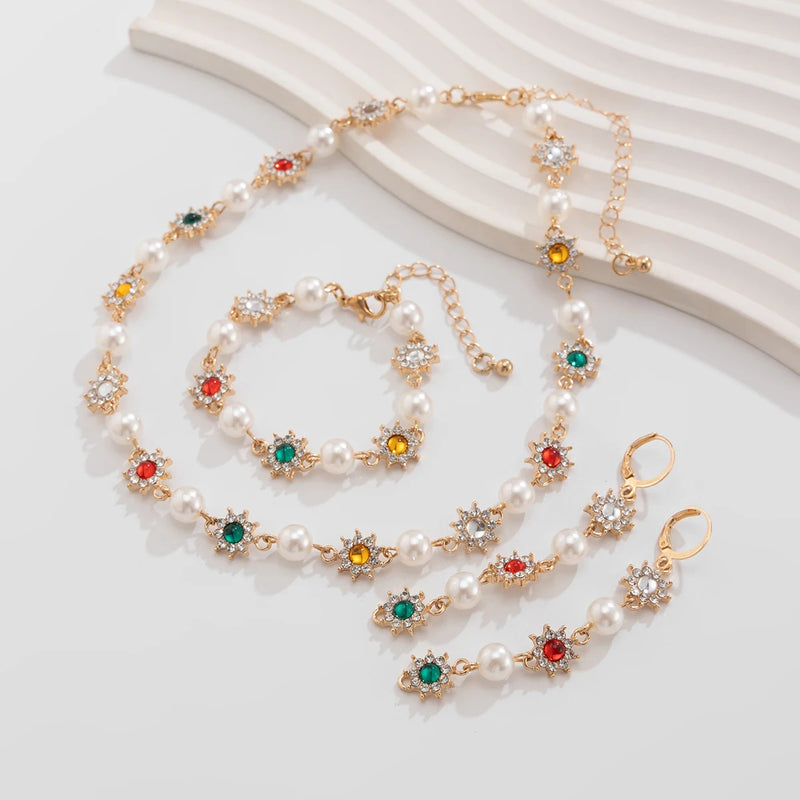 SHIXIN Luxury Shinny Colorful Rhinestone Short Necklace Bracelet Earrings Women Imitation Pearl Choker Christmases Jewelry Set