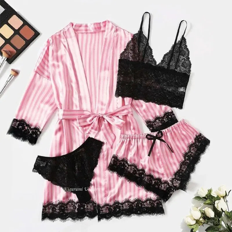 4 PCS Women's Summer Pajama Set with Pink Striped Jacket Paired with Casual Shorts and Sexy Lace Lingerie Casual Home Pajama Set