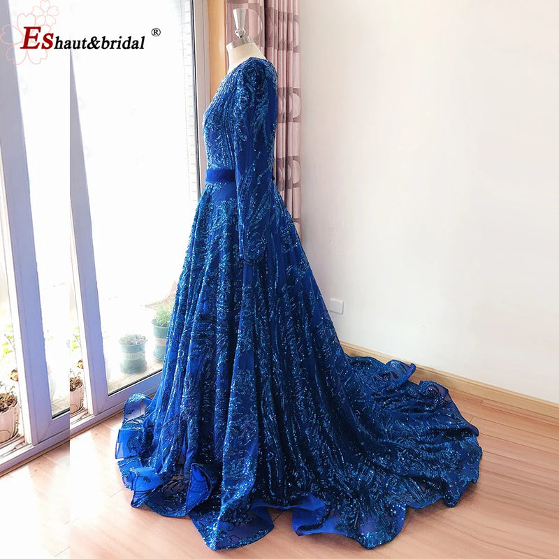 Dubai A-Line Luxury Wedding Evening Dress for Women Muslim 2024 Long Sleeves Sequin Plus Size Formal Prom Party Gown Customized