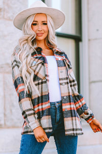 Khaki Geometric Plaid Print Pocketed Shacket