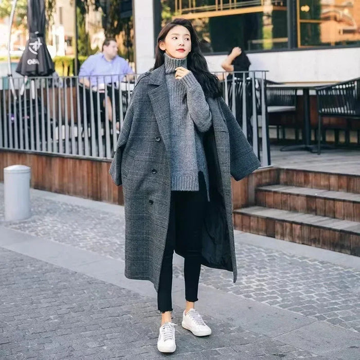 Plus Size Plaid Tweed Women's Overcoat Autumn/Winter Idle Style Thickened Warm Korean Woolen Jacket Soft Padded Thick Coat