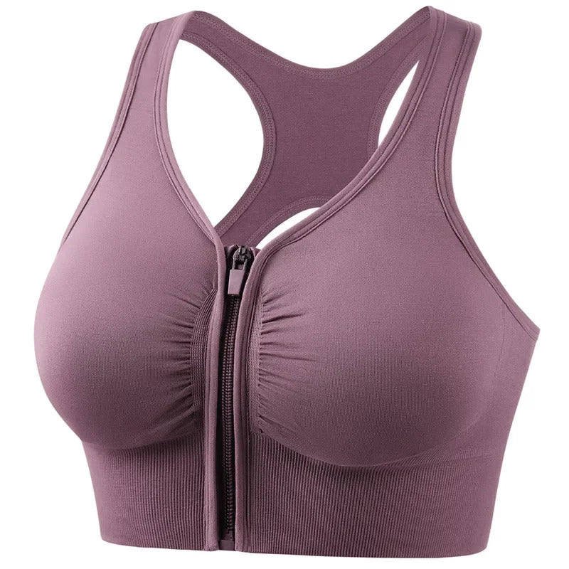 1 Piece Plus Size Sports Bra, Women's Plus Zipper Front Cut Out Racer Back Shockproof Fitness Bra