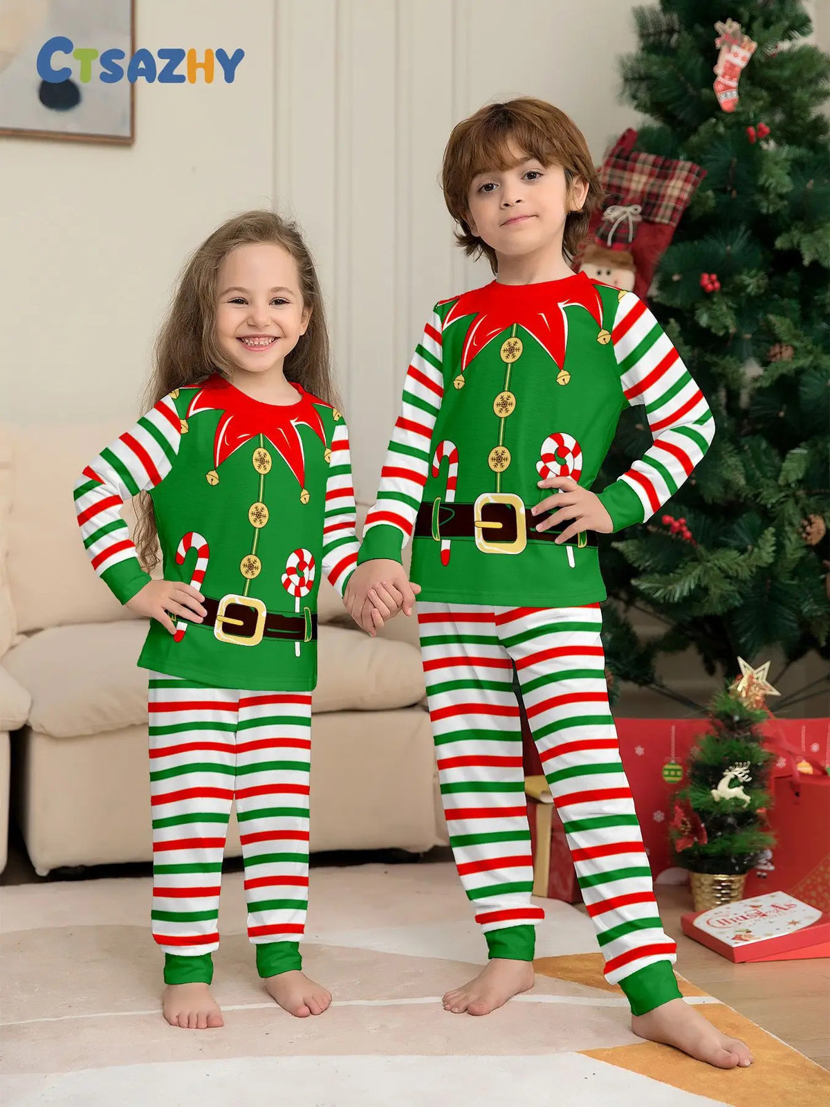 Christmas Family dress Christmas elements clothing for boys girls Adult baby set Halloween fun printed green stripe family dress