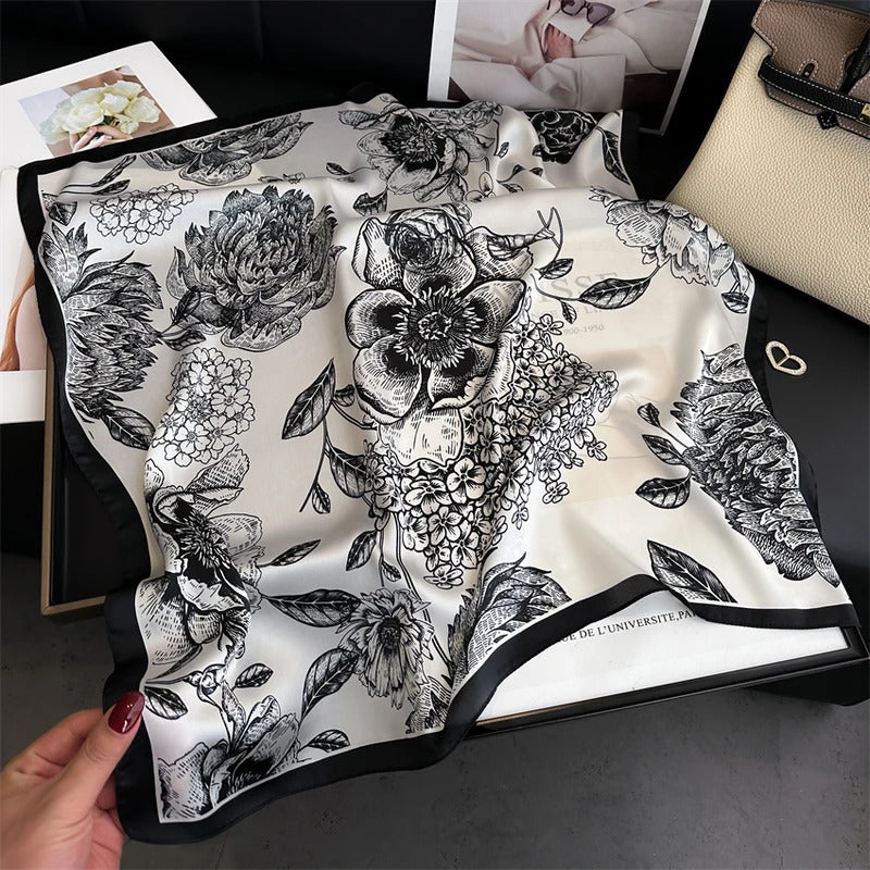 Luxury 2024 Silk Print Hair Scarf Women Floral Kerchief Neck Tie Hand Wrist Foulard Shawl Wraps Head Hijab Bandana Echarpe