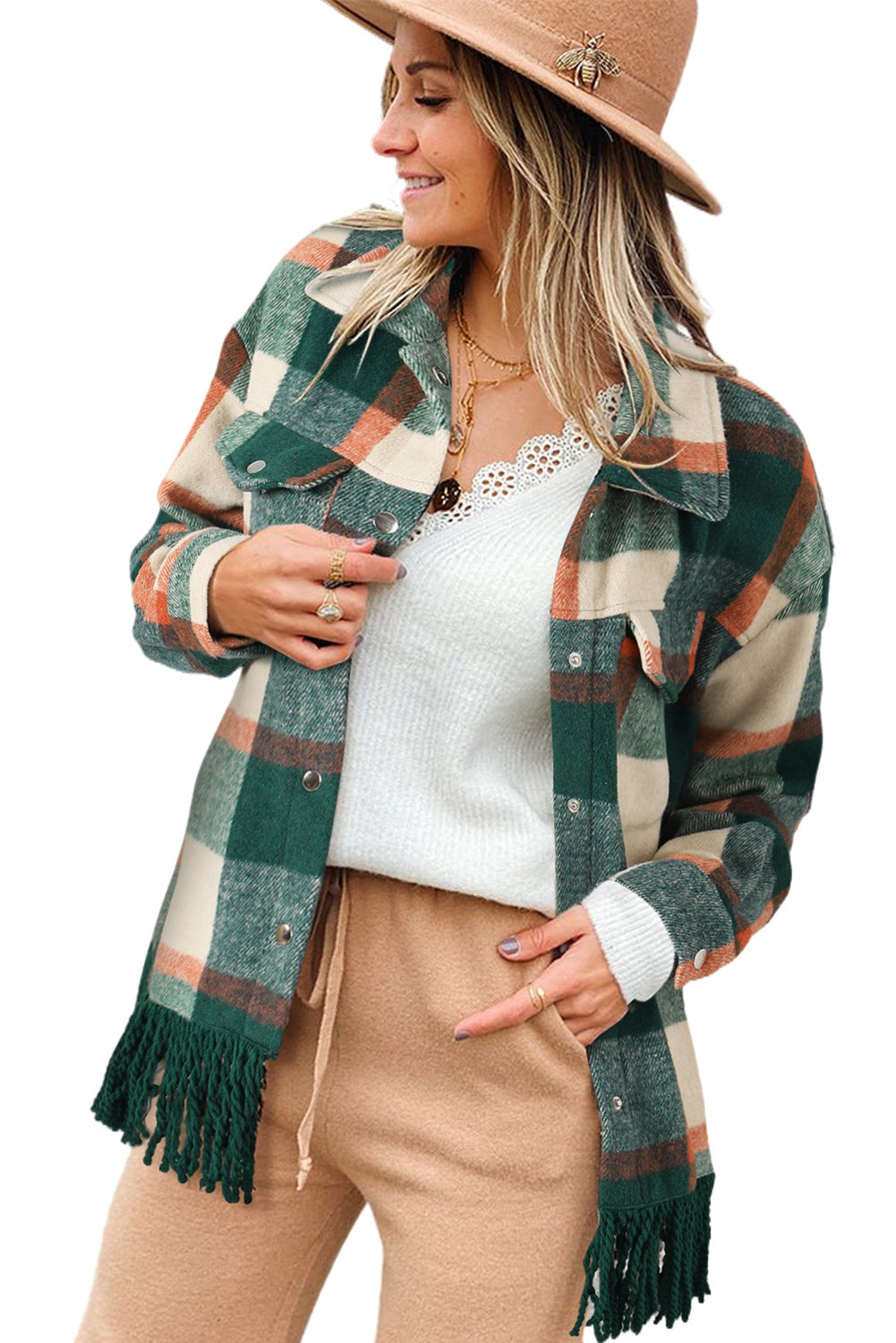 Sea Green Plaid Snap Button Pocket Fringed Hem Jacket