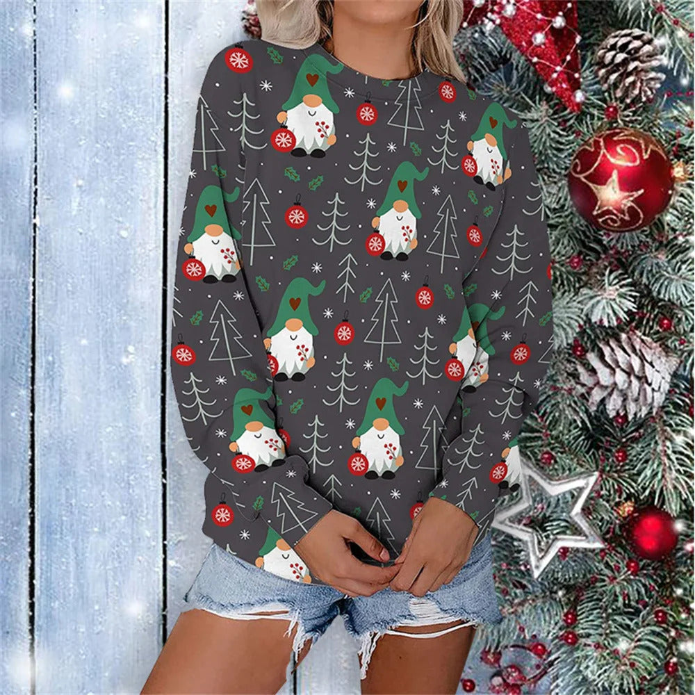 Women Christmas Sweatshirts Winter Snowman Snowflake Print Long Sleeve Y2k Hoodie Streetwear Pullovers Tops Comfortable Clothing