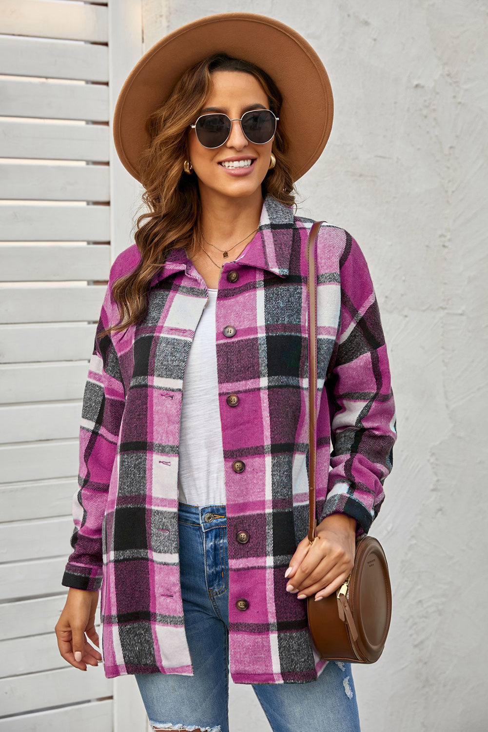 Rose Plaid Print Buttoned Shirt Jacket