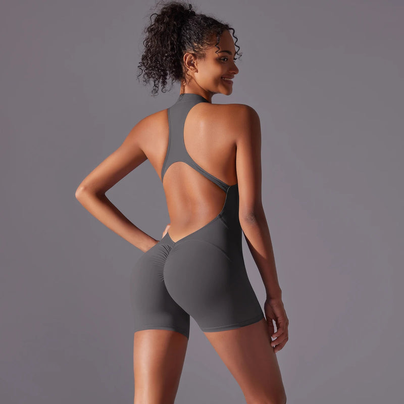 Sexy Hollow Backless Scrunch Butt Sport Jumpsuit Short Woman One Piece Gym Outfit Sleeveless Zipper Fitness Overalls Yoga Romper