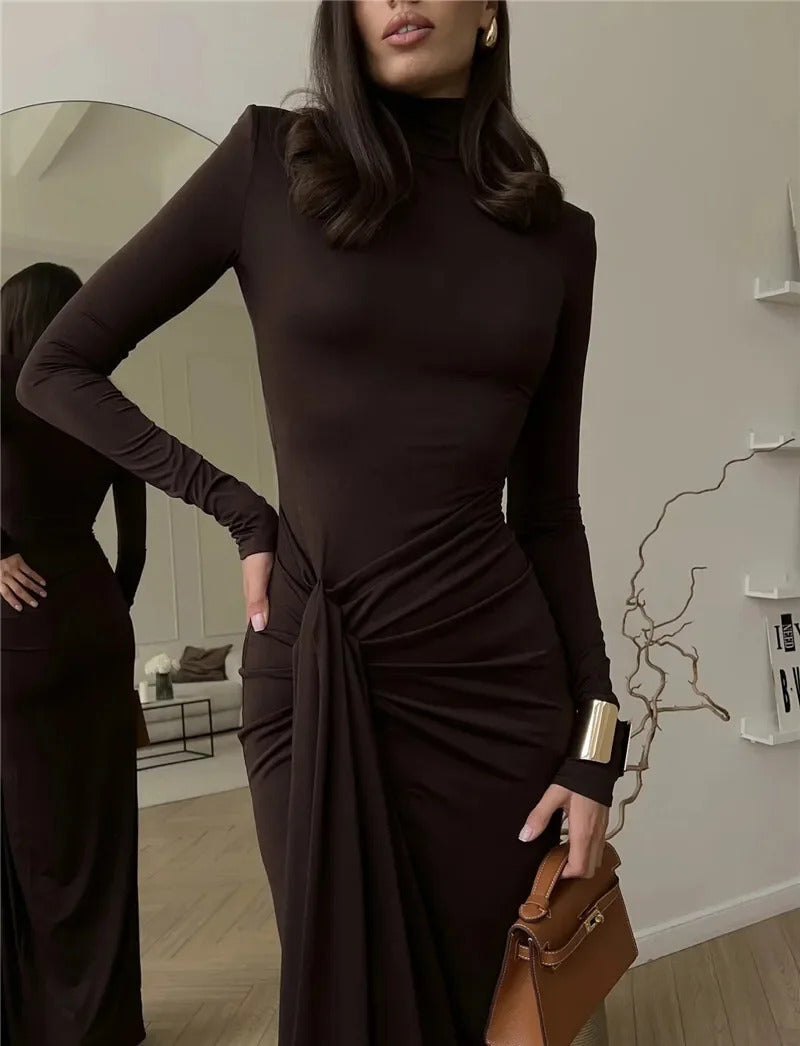 2024 Fashion Turtleneck Thigh High Split Sexy Maxi Dress For Women Fashion Long Sleeve Draped Bandage Bodycon Club Long Dresses