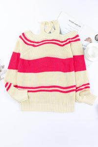 Pink Striped Cold Shoulder Knit Sweater