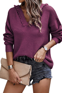 V Neck Ribbed Drop Shoulder Hooded Sweater