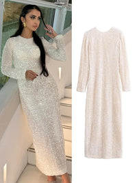 Elegant Sequined Solid Women Dresses Full Sleeve O Neck Lady Maxi Dress 2024 Fashion Sexy Party Evening Straight Female Vestidos