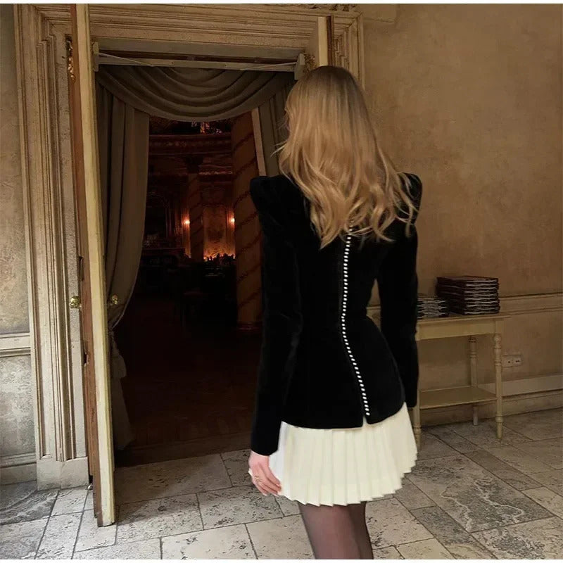 Women Elegant Contrasting Pleated Mini Dress Chic Square Neck Long Puff Sleeve Slim Dresses New Lady Fashion Party Evening Gown