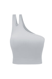 Gray Single Split Shoulder Ribbed Cropped Sports Top