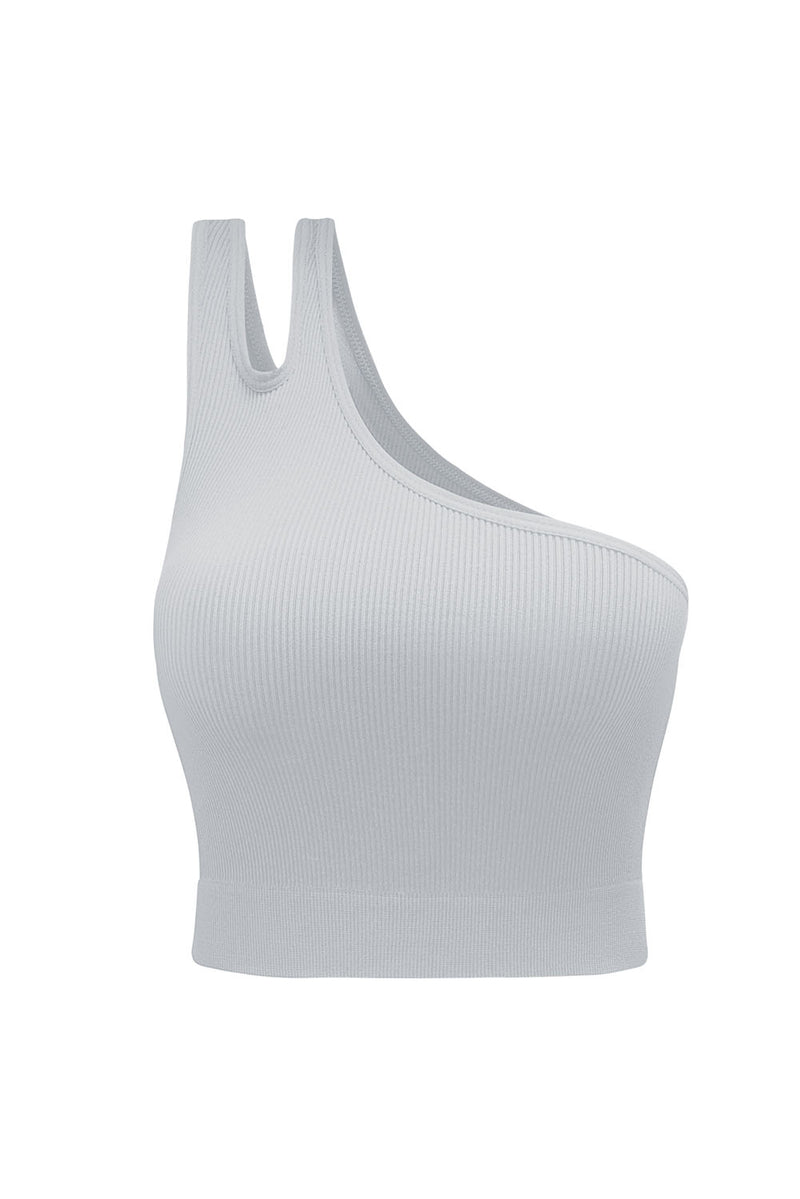 Gray Single Split Shoulder Ribbed Cropped Sports Top