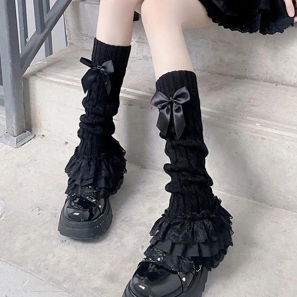 Japanese Women Knitted Leg Warmer Bow Tiered Ruffled Socks Girl Lace Lolita Socks Calf T-shaped Lace Leg Horn Warmers Women P1J5