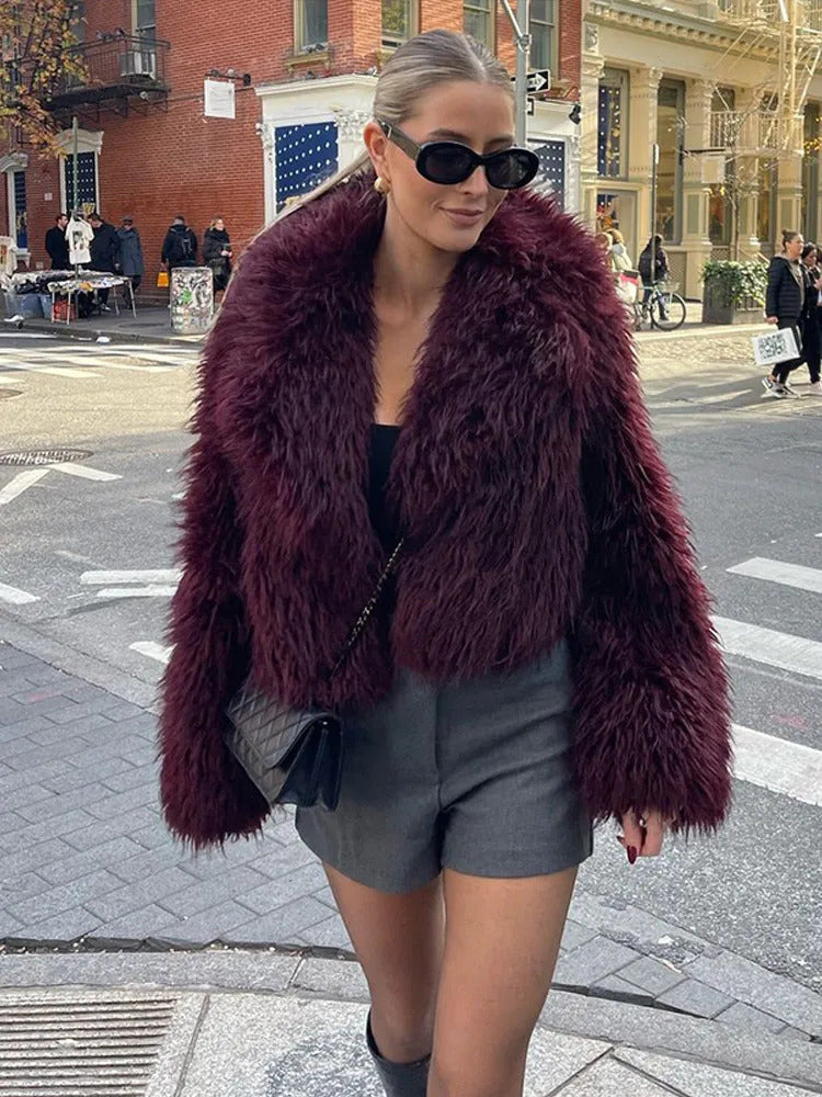 Retro Burgundy Tassels  Faux Fur Long Sleeves Short Coat Elegant Loose Turn-down Collar Jacket 2024 New Woman High Street Coats