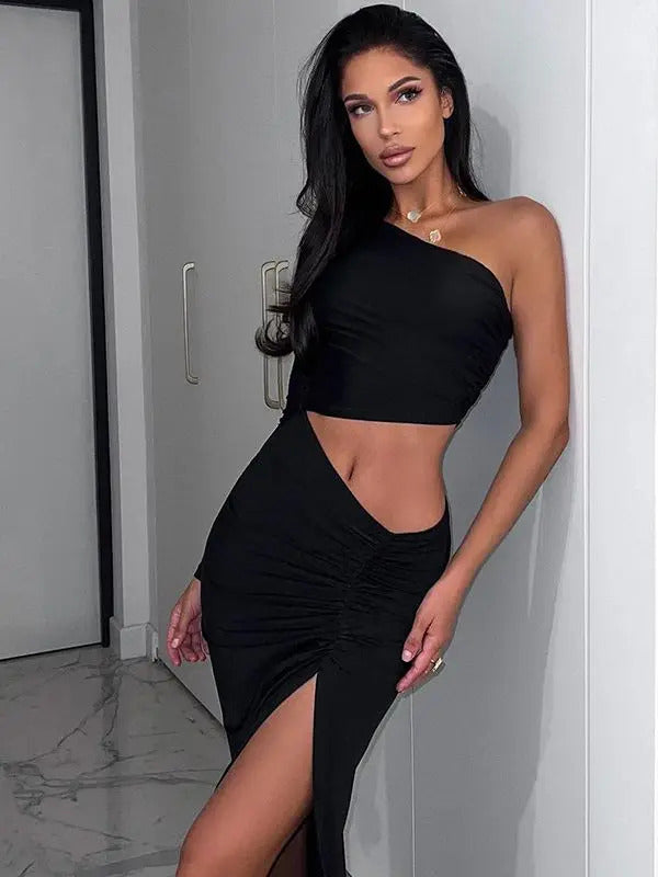 Dulzura Long Sleeve One Shoulder Maxi Dress Cut Out Ruched Slit Bodycon Sexy Prom Party Elegant Evening Y2K Clothes Birthday