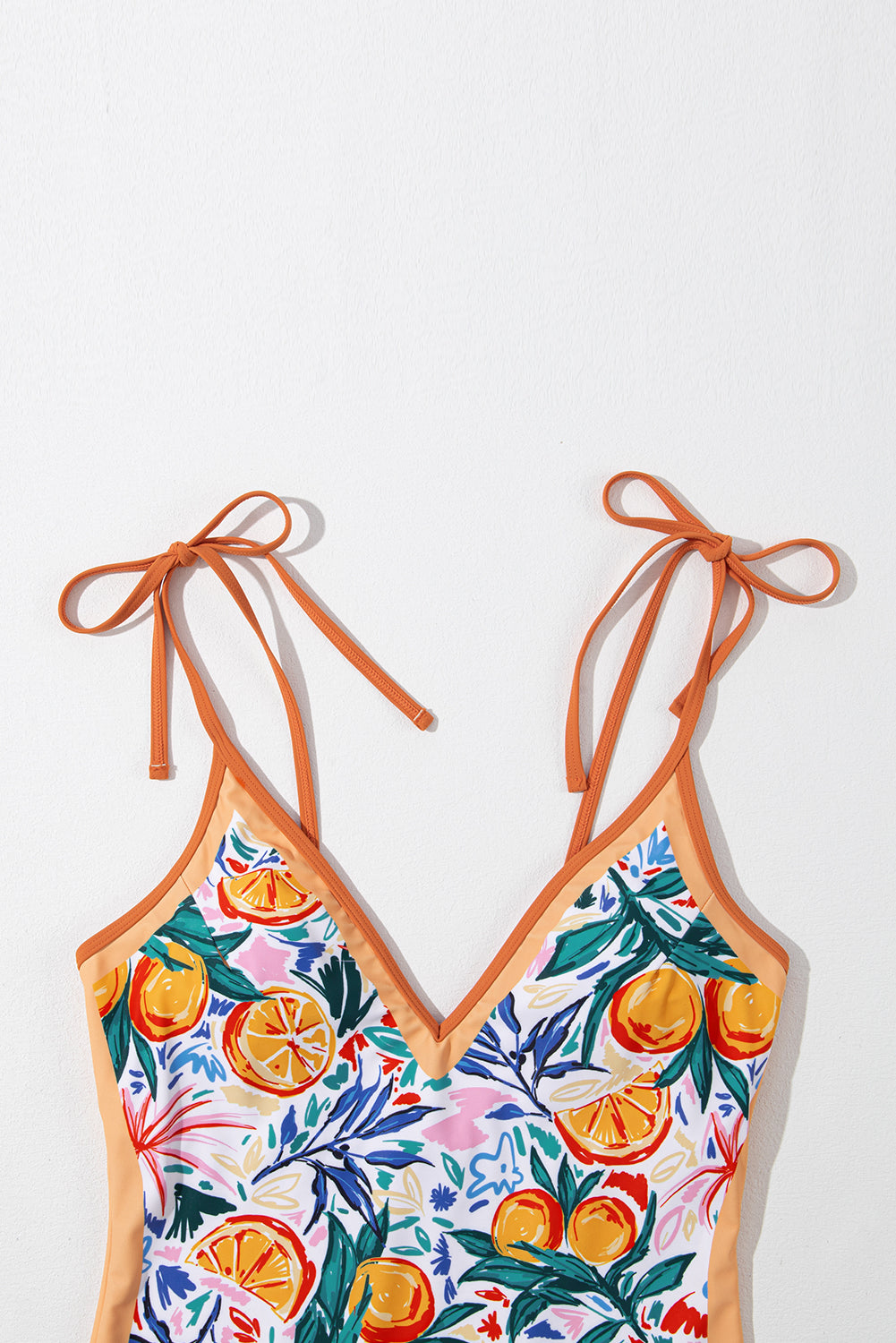 Orange Fruit Plant Print Tied Straps V Neck One Piece Swimsuit