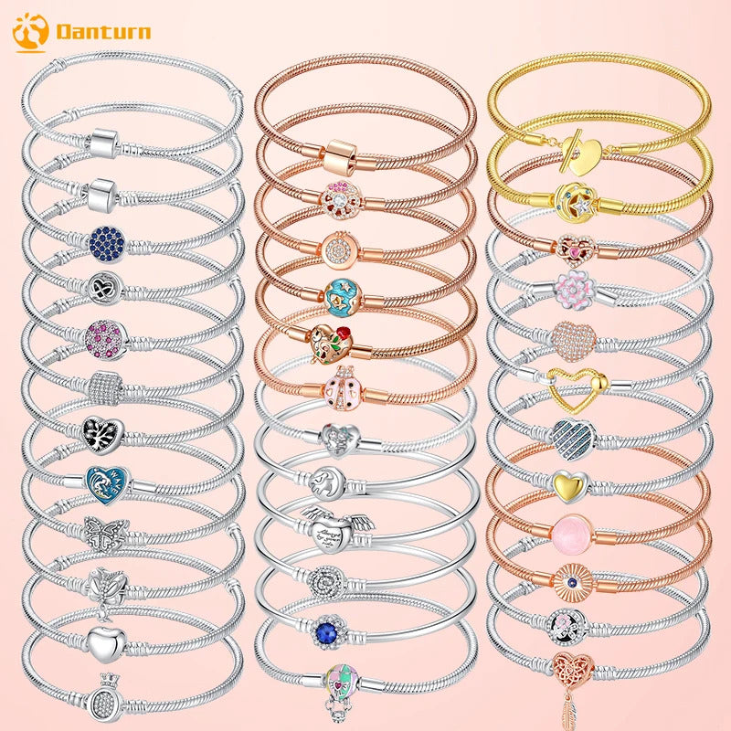 Danturn 925 Sterling Silver Bracelets Gold Heart, Butterfly Crown Women Bangles Luxury Jewelry Anniversary GIft DIY Fashions