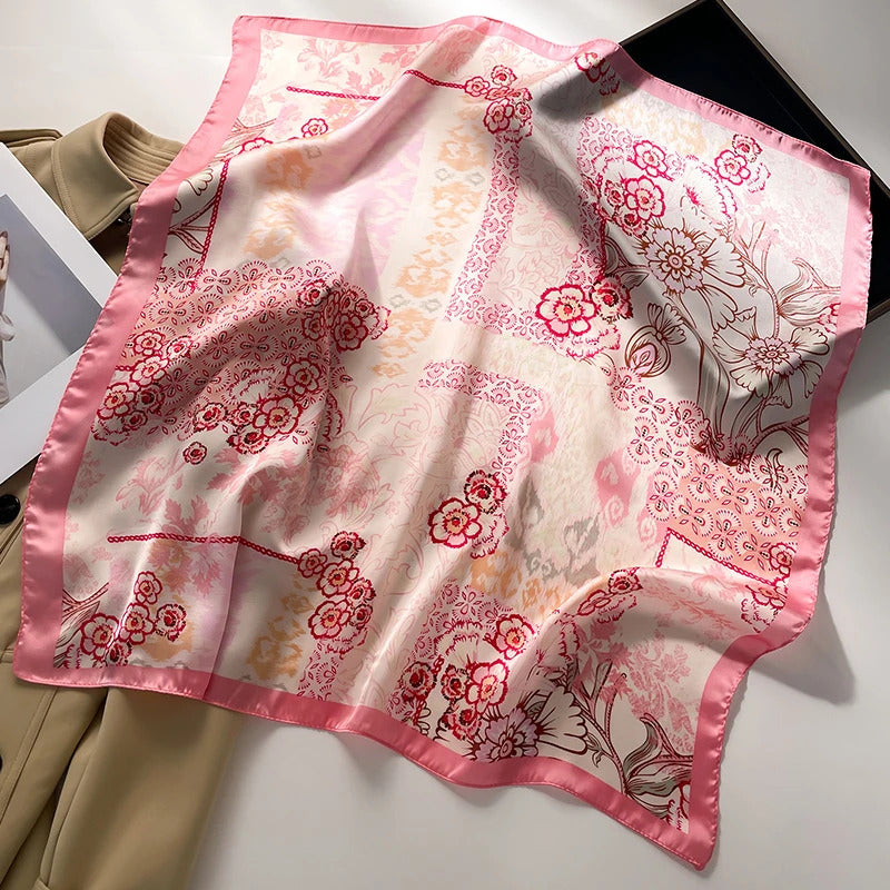 Luxury 2024 Silk Print Hair Scarf Women Floral Kerchief Neck Tie Hand Wrist Foulard Shawl Wraps Head Hijab Bandana Echarpe