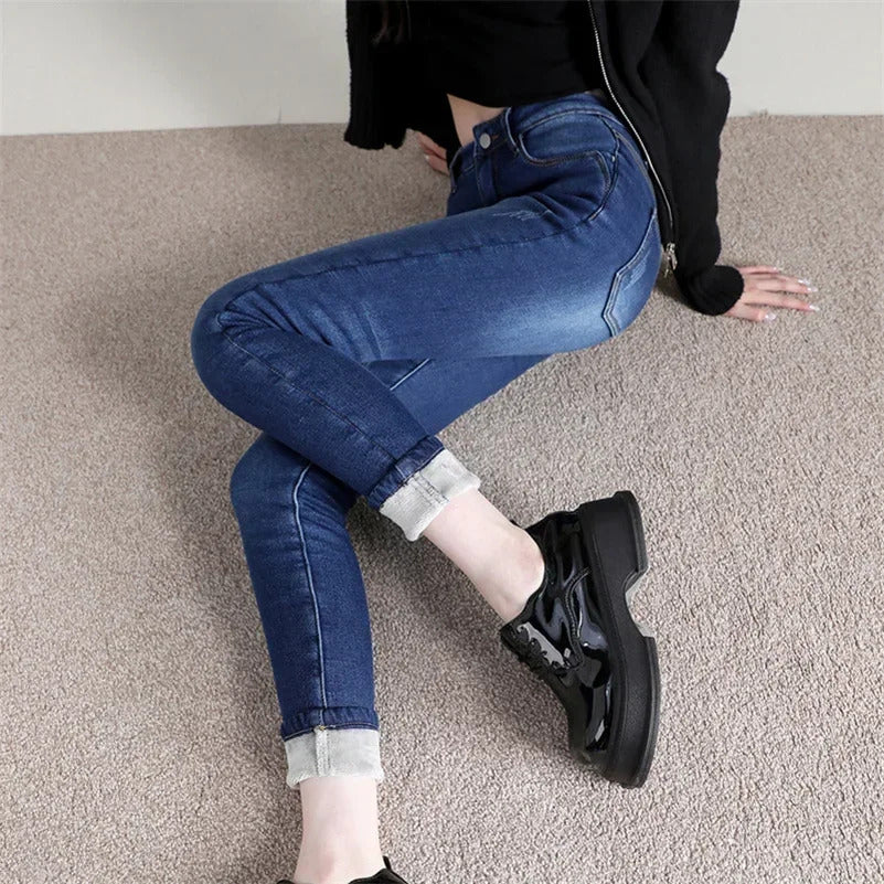 Women Thermal Skinny Jeans Mom Winter Warm Plush Stretch Jeans Lady Fleece Snow Denim Pants Student Pencil Straight Leg Trousers