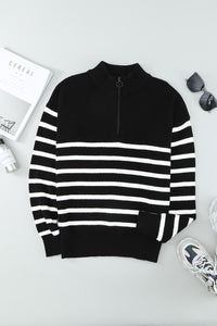 Black Striped Zipper Knit Sweater