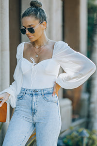 White Criss Cross Backless Puff Sleeve Bodysuit